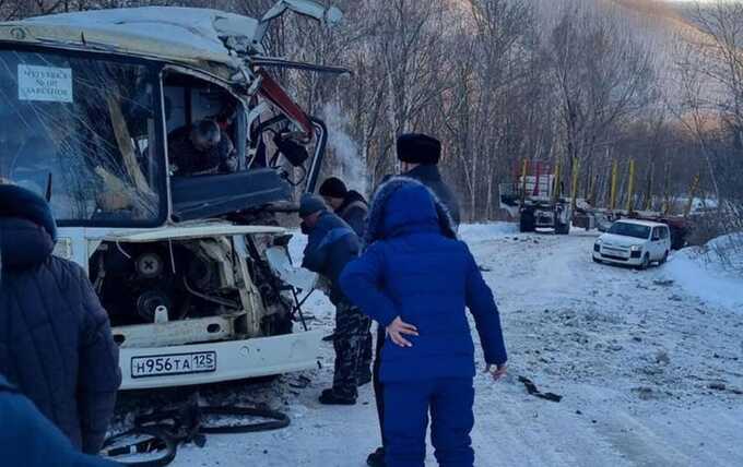 В Приморском крае междугородний автобус столкнулся с грузовиком, перевозившим лес